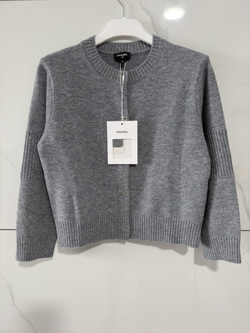 Chanel Gray Crewneck Cashmere Blend Cardigan Sweater